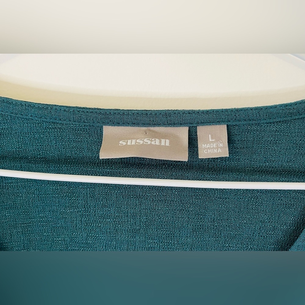 Sussan Size L Teal Green Tie Front Top Long Sleeve Blouse - Picture 10 of 15